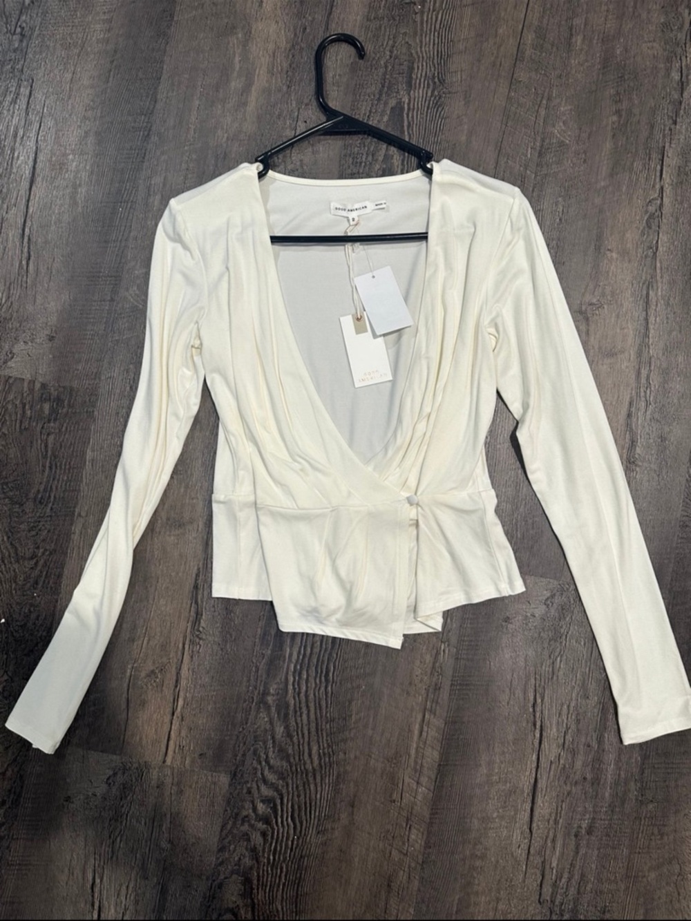 Good American Cream Wrap Front Long Sleeve Top